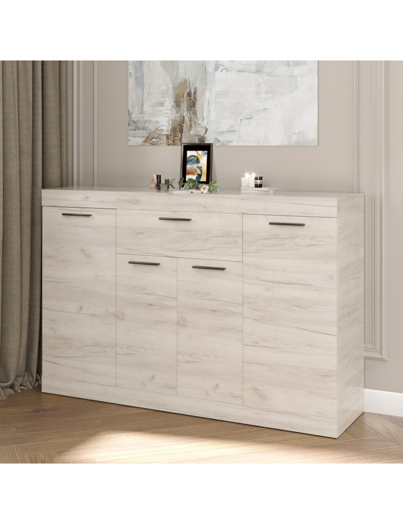 Великий комод Еверест з дверцятами та ящиком Соната-7 140х38х94 дуб крафт білий (DTM-2705)