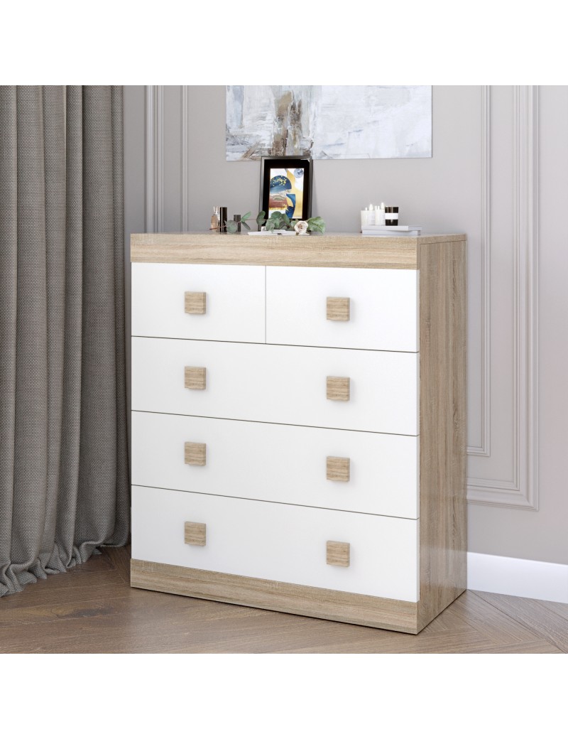 Комод для речей Еверест на 5 ящиків Соната-3 80х38х94 дуб сонома + білий (DTM-2031)