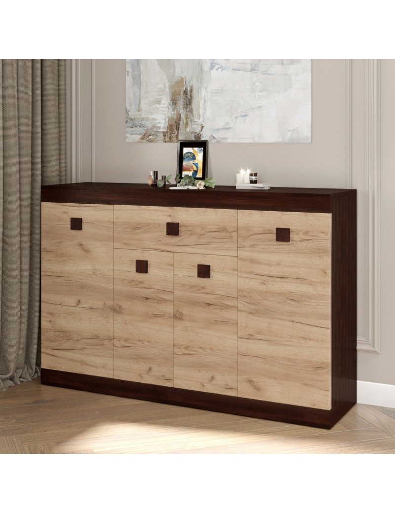 Великий комод Еверест з дверима та ящиком Соната-7 140х38х94 венге темний + дуб крафт золотий (DTM-2017)