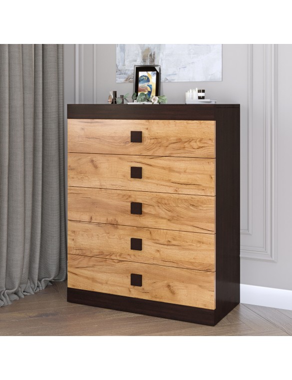 Високий комод Еверест на 5 ящиків Соната-2 80х38х101 венге темний + дуб крафт золотий (DTM-2020)