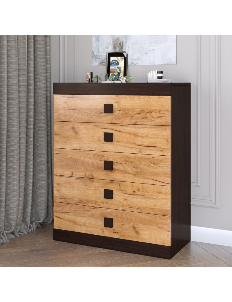 Високий комод Еверест на 5 ящиків Соната-2 80х38х101 венге темний + дуб крафт золотий (DTM-2020)