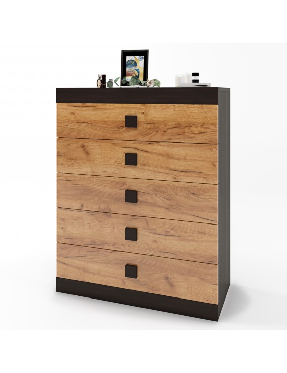Високий комод Еверест на 5 ящиків Соната-2 80х38х101 венге темний + дуб крафт золотий (DTM-2020)