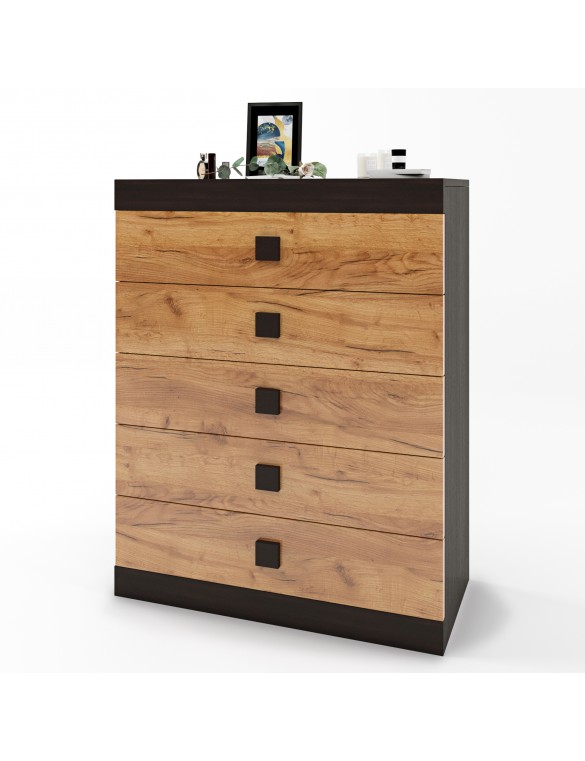 Високий комод Еверест на 5 ящиків Соната-2 80х38х101 венге темний + дуб крафт золотий (DTM-2020)