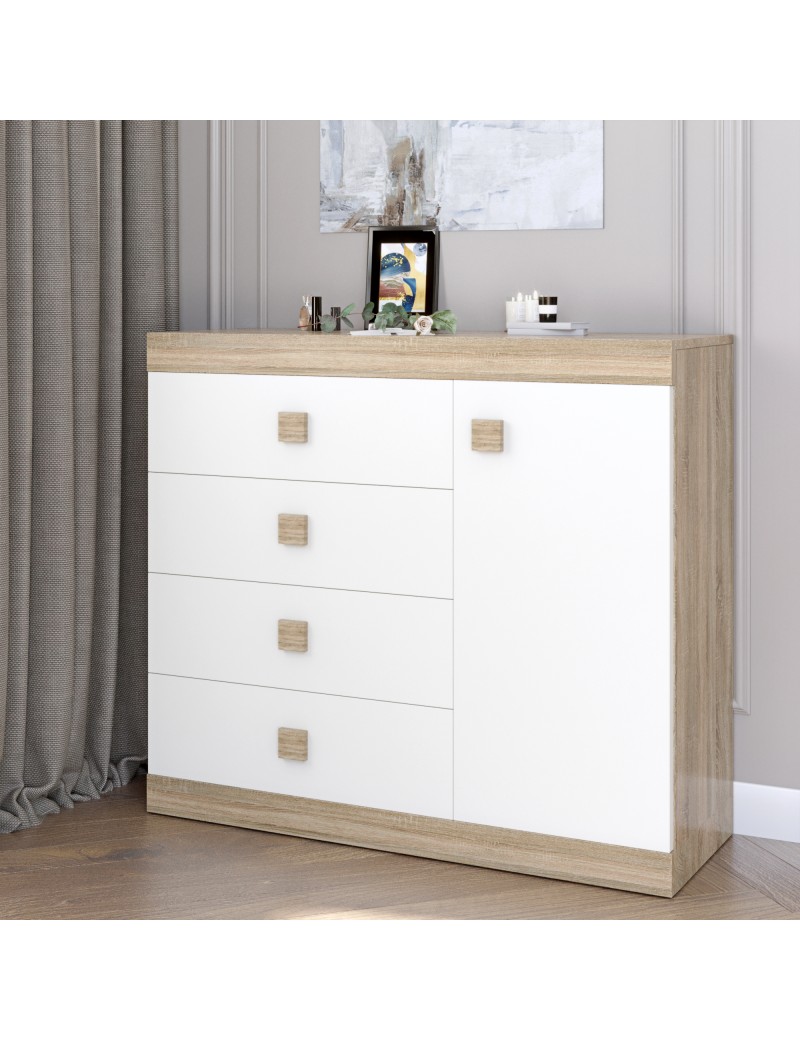 Комод з дверима та 4-ма ящиками Еверест Соната-5 105х38х94 дуб сонома + білий (DTM-2062)