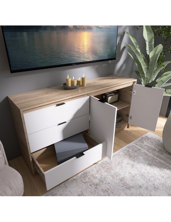 Великий комод із дверима та 3-ма шухлядами Еверест Сіті-1500 150,2х38х74,6 Дуб сонома/Білий (DTM-071102)