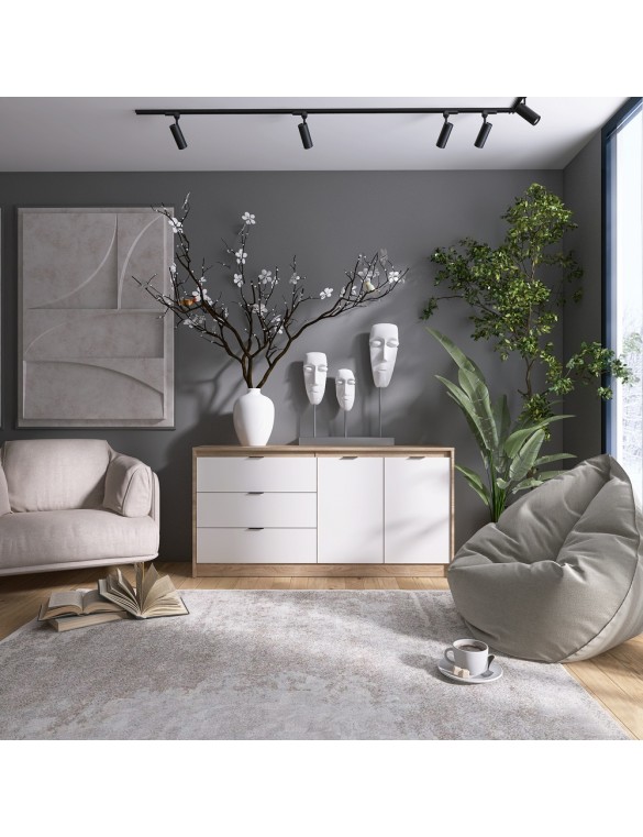 Великий комод із дверима та 3-ма шухлядами Еверест Сіті-1500 150,2х38х74,6 Дуб сонома/Білий (DTM-071102)