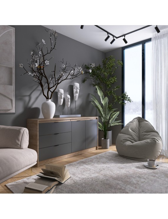 Великий комод із дверима та 3-ма шухлядами Еверест Сіті-1500 150,2х38х74,6 Дуб сонома/Графіт (DTM-071101)