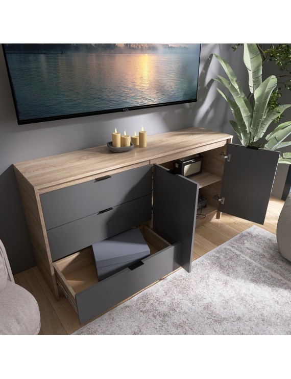 Великий комод із дверима та 3-ма шухлядами Еверест Сіті-1500 150,2х38х74,6 Дуб сонома/Графіт (DTM-071101)