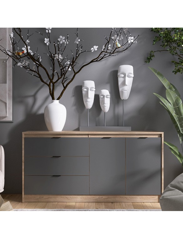 Великий комод із дверима та 3-ма шухлядами Еверест Сіті-1500 150,2х38х74,6 Дуб сонома/Графіт (DTM-071101)