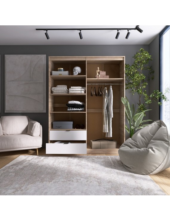 Шафа розпашна для одягу з висувними шухлядами (полиці - штанга) Еверест Сіті-1600 160,2х50х204,6 см Дуб сонома/Білий (DTM-071118)