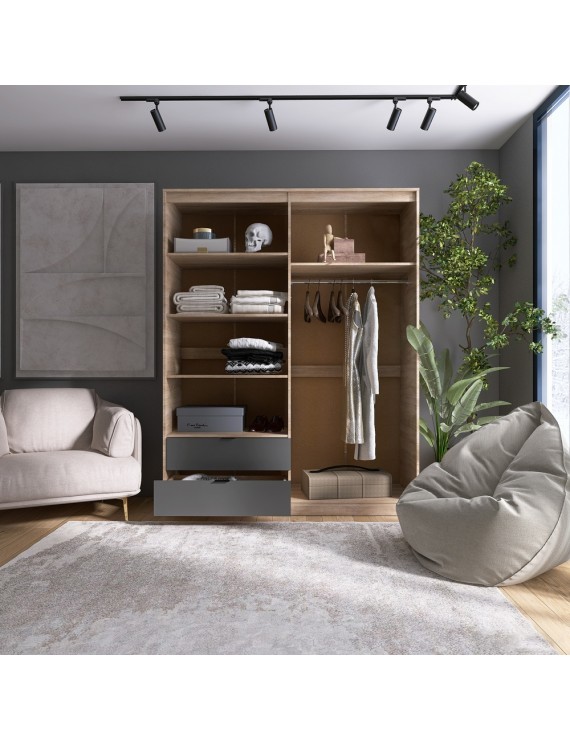 Шафа розпашна для одягу з висувними шухлядами (полиці - штанга) Еверест Сіті-1600 160,2х50х204,6 см Дуб сонома/Графіт (DTM-071121)