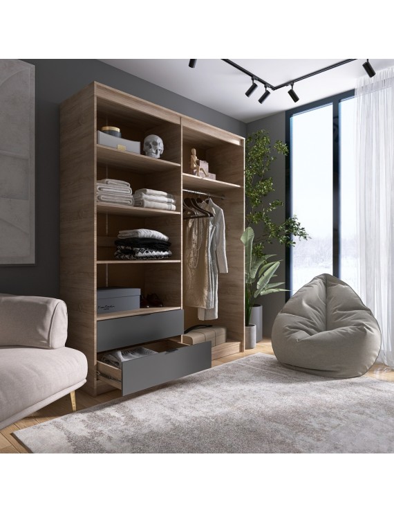 Шафа розпашна для одягу з висувними шухлядами (полиці - штанга) Еверест Сіті-1600 160,2х50х204,6 см Дуб сонома/Графіт (DTM-071121)