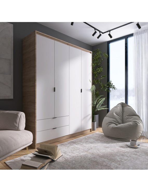 Шафа розпашна для одягу з висувними шухлядами (полиці- полиці) Еверест Сіті-1600 160,2х50х204,6 см Дуб сонома/Білий (DTM-071122)
