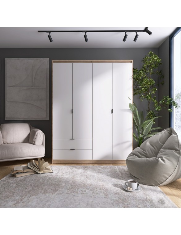 Шафа розпашна для одягу з висувними шухлядами (полиці- полиці) Еверест Сіті-1600 160,2х50х204,6 см Дуб сонома/Білий (DTM-071122)