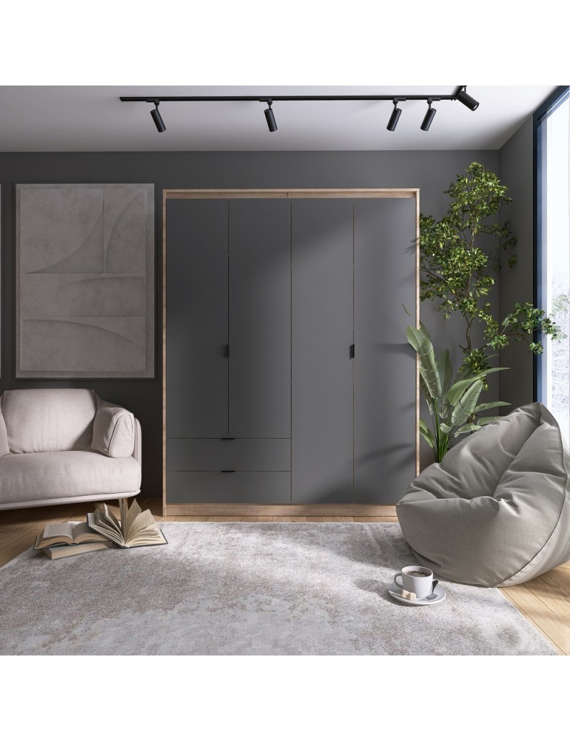 Шафа розпашна для одягу з висувними шухлядами (штанга - полиці) Еверест Сіті-1600 160,2х50х204,6 см Дуб сонома/Графіт (DTM-071123)