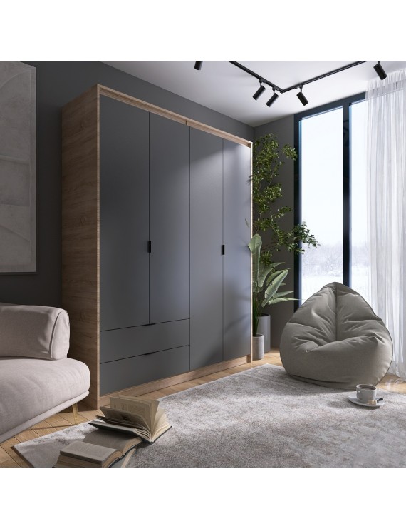 Шафа розпашна для одягу з висувними шухлядами (штанга - полиці) Еверест Сіті-1600 160,2х50х204,6 см Дуб сонома/Графіт (DTM-071123)