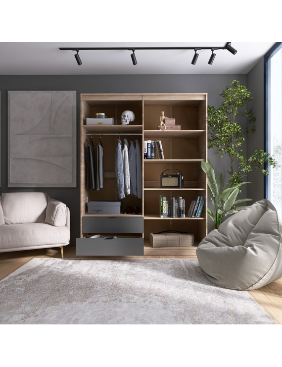 Шафа розпашна для одягу з висувними шухлядами (штанга - полиці) Еверест Сіті-1600 160,2х50х204,6 см Дуб сонома/Графіт (DTM-071123)