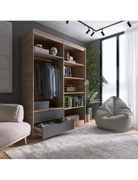 Шафа розпашна для одягу з висувними шухлядами (штанга - полиці) Еверест Сіті-1600 160,2х50х204,6 см Дуб сонома/Графіт (DTM-071123)