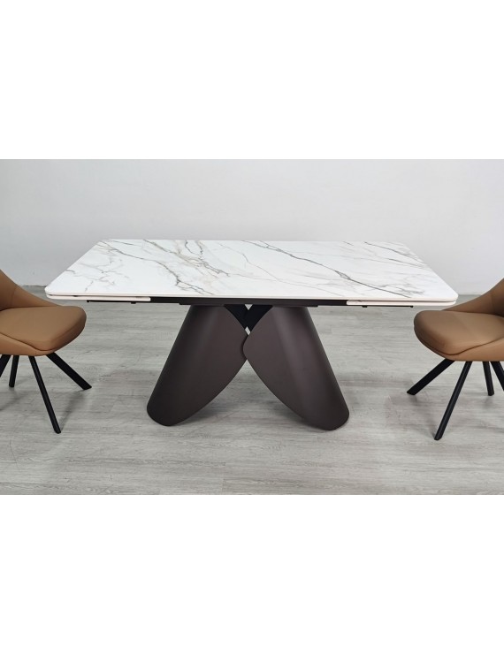 Стіл AGNES CERAMIC 160(240)*90 білий позолочений мат/коричневий