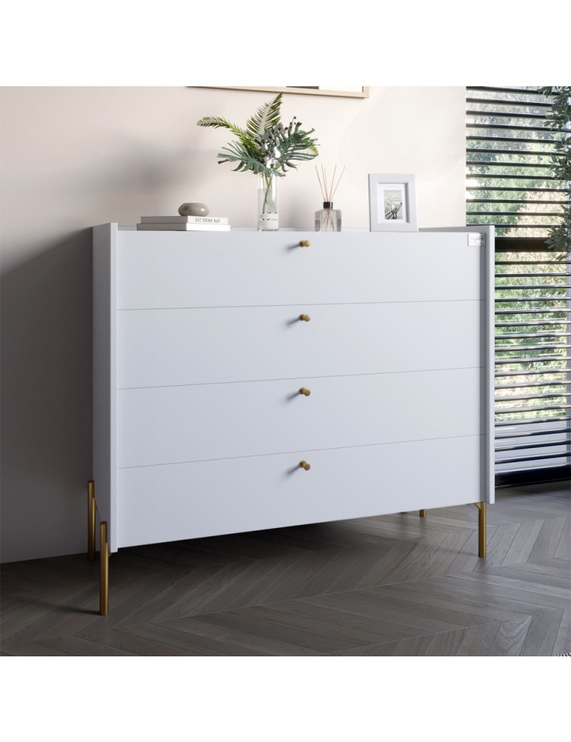 Комод із 4 шухлядами LION Wood із золотими ніжками 100х90х45 см Німфея Альба (білий) (LION-042969) ТОП