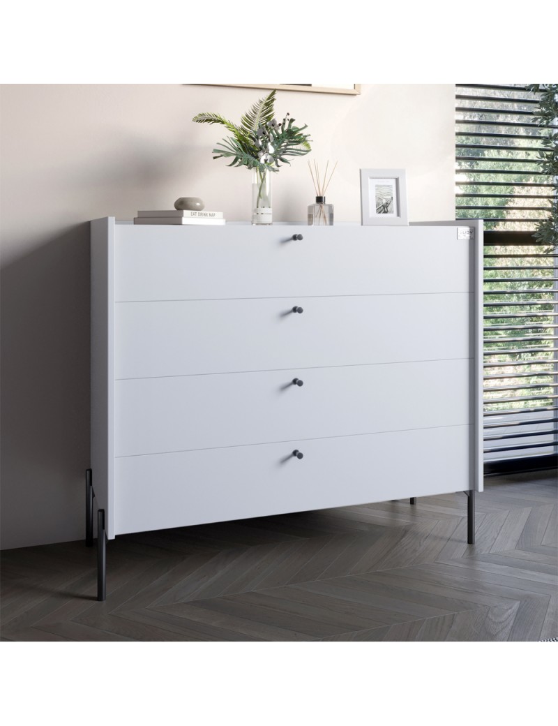 Комод із 4 шухлядами LION Wood із чорними ніжками 100х90х45 см Німфея Альба (білий) (LION-042983) ТОП