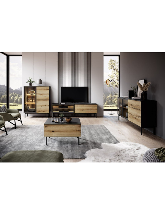 Вітрина низька з підсвіткою Perfect Home Ланг / Lang 3-дверна 3D1W/100 Чорний/дуб евок (PFH-091141)