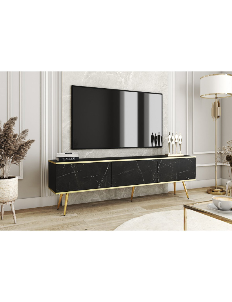 Тумба під телевізор Perfect Home Оро / Oro 3-дверна з золотими ніжками RTV175 Чорний мармур роял (PFH-091322)