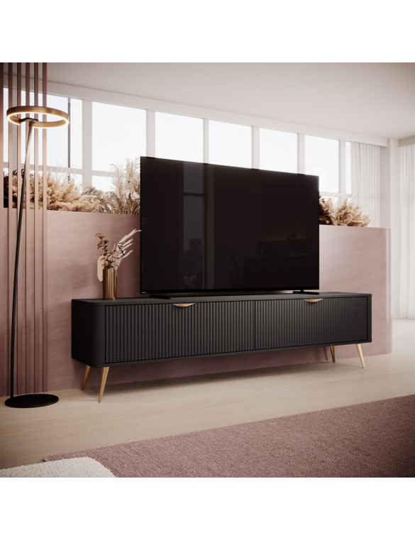 Тумба під телевізор Perfect Home Ланте / Lante 2-дверна з золотими ніжками 2D/200 Чорний (PFH-091193)
