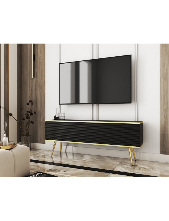 Тумба під телевізор Perfect Home Оро / Oro 2-дверна з золотими ніжками RTV135 MDF Чорний (PFH-091332)