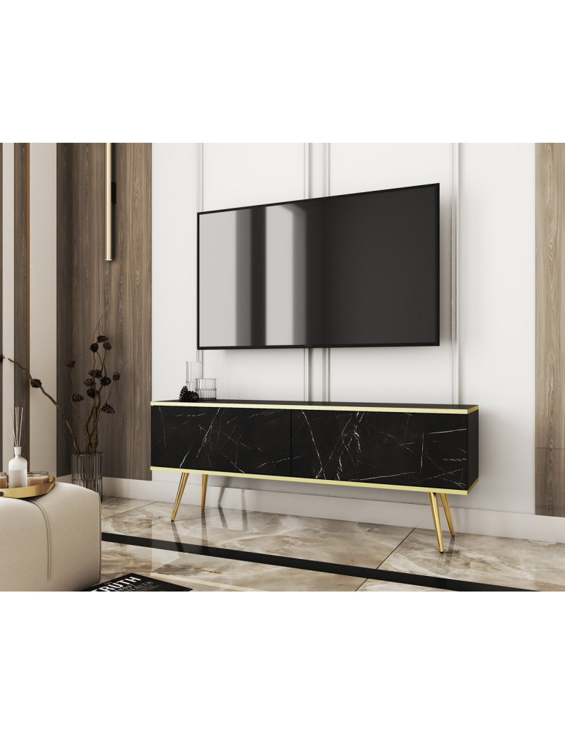 Тумба під телевізор Perfect Home Оро / Oro 2-дверна з золотими ніжками RTV135 Чорний мармур роял (PFH-091323)