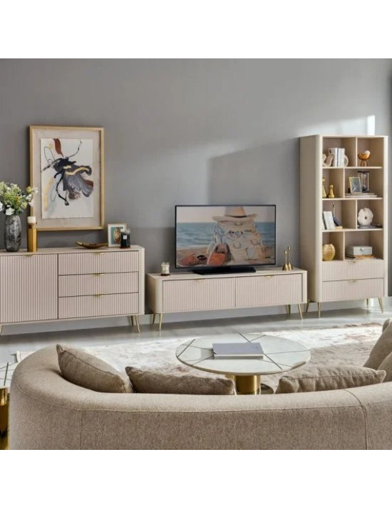 Тумба під телевізор Perfect Home Ланте / Lante 2-дверна з золотими ніжками 2D/163 Беж (PFH-091118)