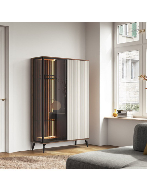 Вітрина висока з підсвіткою Вічі / Vici WT103 2-дверна Горіх/кашемір Perfect Home Польща (PFH-091278)