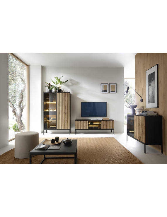 Вітрина низька з підсвіткою Perfect Home Сенто / Sento WT104 2-дверна Чорний/дуб вотан (PFH-091490)