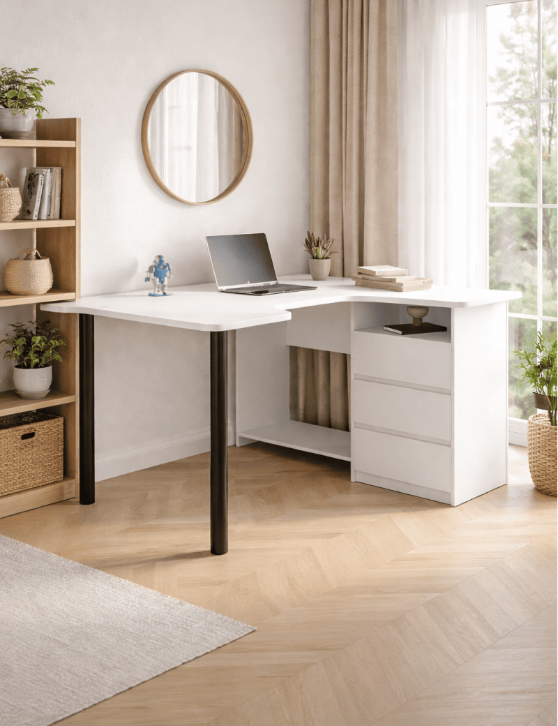 Геймерський комп'ютерний стіл LION Буст кутовий з шухлядами Німфея Альба (білий) (LION-041459) ТОП