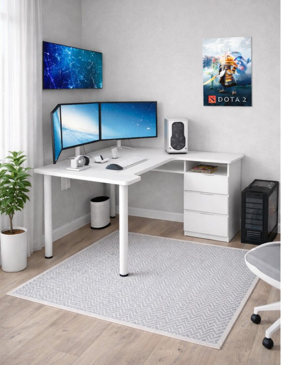 Геймерський комп'ютерний стіл LION Буст кутовий з шухлядами Німфея Альба (білий) (LION-041459) ТОП