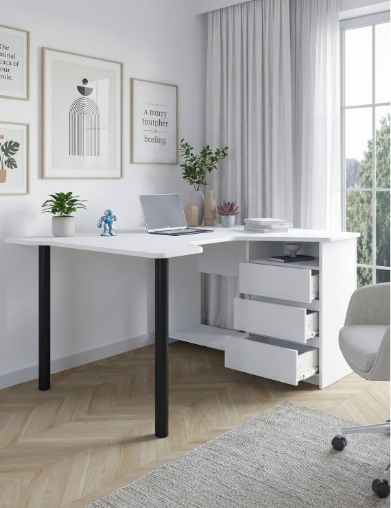 Геймерський комп'ютерний стіл LION Буст кутовий з шухлядами Німфея Альба (білий) (LION-041459) ТОП