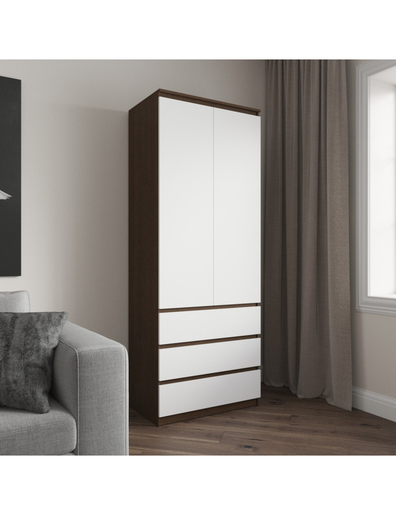 Шафа для одягу VAYS R-16 Венге Темний-Білий фасад, 3 шухляди, полиці, без ручок, ЛДСП, 80×50×211 см – для спальні, вітальні, передпокою