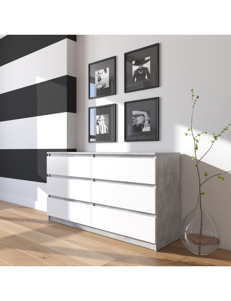 Комод VAYS R-7 Бетон-Білий фасад, 6 шухляд без ручок, ЛДСП, 140×40×75 см– для дому, офісу, вітальні, спальні