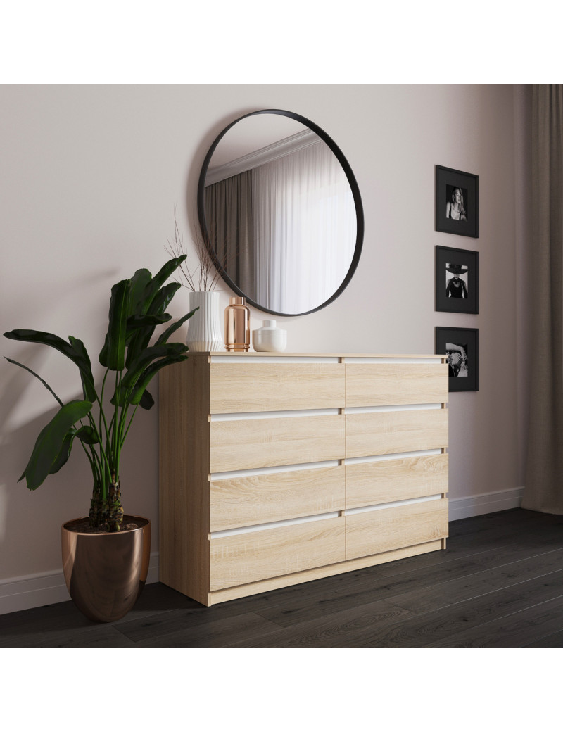 Комод VAYS R-8 Дуб Сонома-Білі планки, 8 шухляд без ручок, ЛДСП, 140×40×98 см – для спальні, вітальні, передпокою