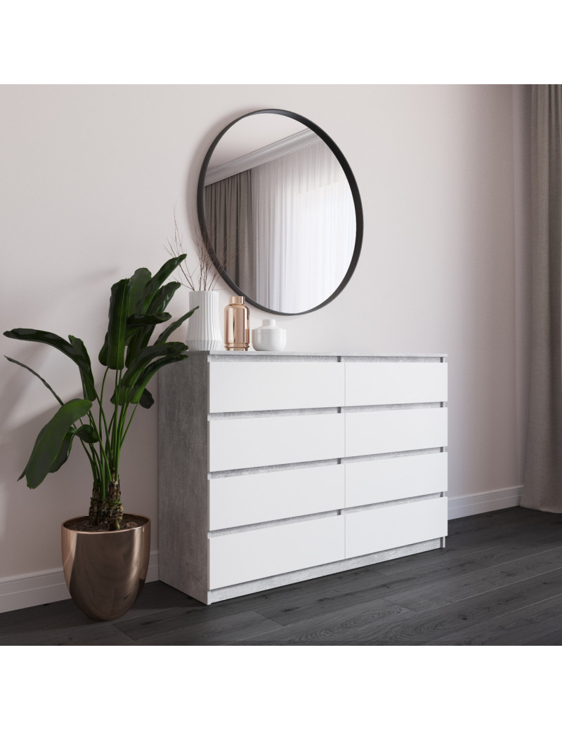 Комод VAYS R-8 Бетон-Білий фасад, 8 шухляд без ручок, ЛДСП, 140×40×98 см – для спальні, вітальні, передпокою