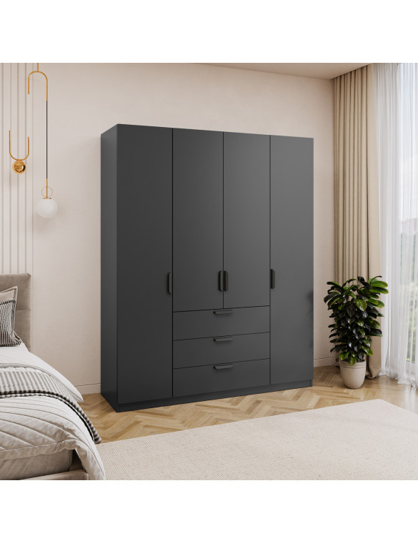 Шафа для одягу VAYS M-72, 4-дверна, зі штангою та 3 висувними шухлядами, ЛДСП, 160×50×200 см – для спальні, передпокою та вітальні