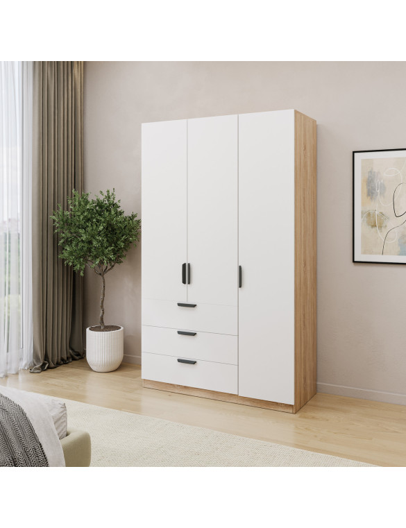 Шафа для одягу VAYS M-71 Дуб Сонома-Білий фасад, 3-дверна, зі штангою та 3 висувними шухлядами, ЛДСП, 120×50×200 см – для спальні, передпокою та вітальні