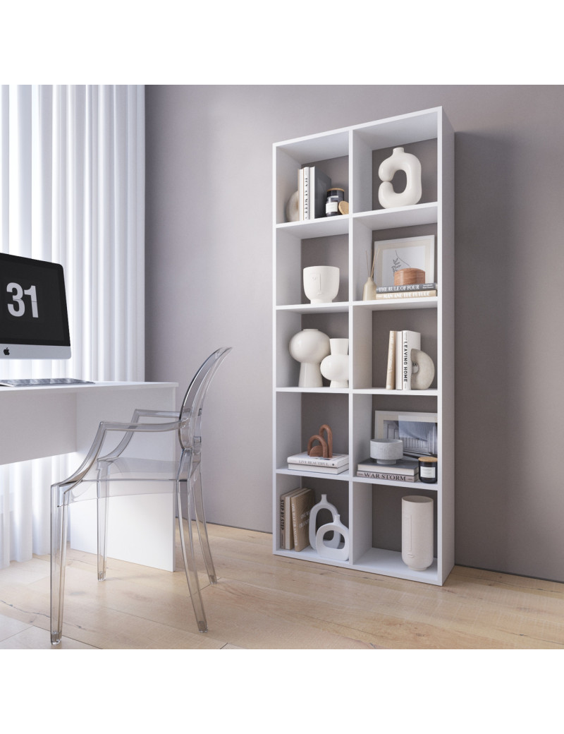 Стелаж VAYS M-1 Білий, книжкова полиця на 10 комірок, ЛДСП, 72×29×178 см - для дому, офісу, дитячої або вітальні